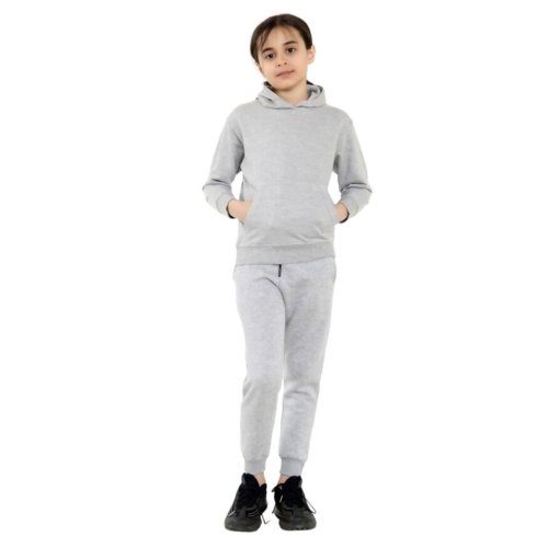 Grey Kids Plain Fleece Pullover Hoodie Casual Tracksuit