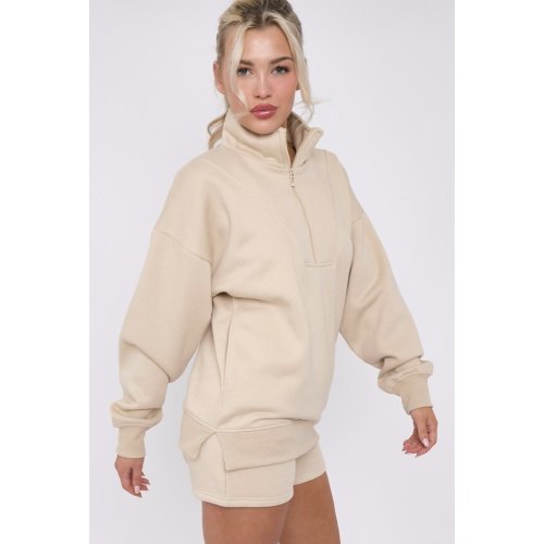 Oatmeal Half Zip Sweatshirt And Shorts Co-Ords Set