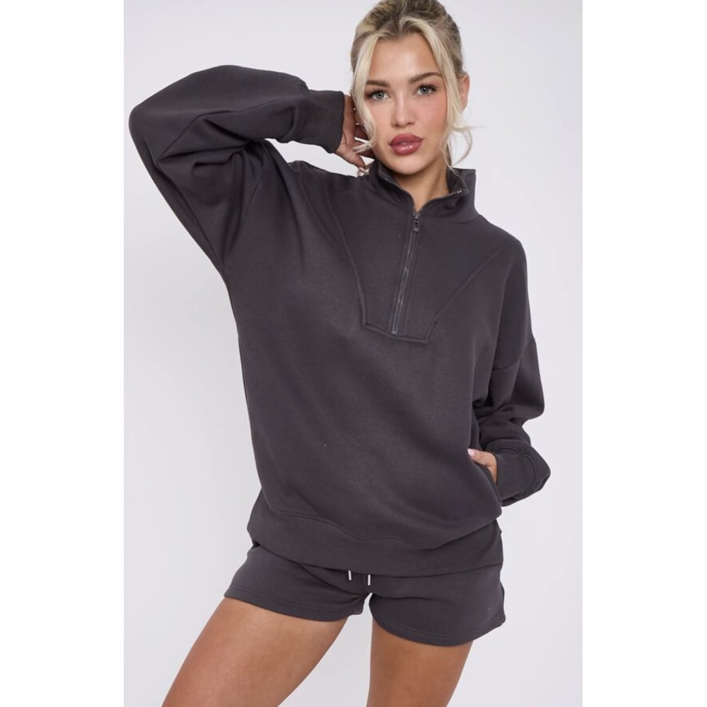 Slate Grey Half Zip Sweatshirt And Shorts Co-Ords Set