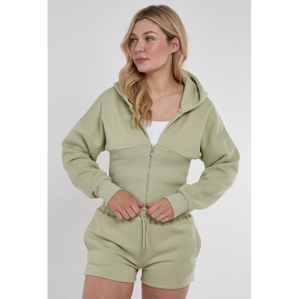 Sage Green Ribbed Corset Fit Hooded Short Set