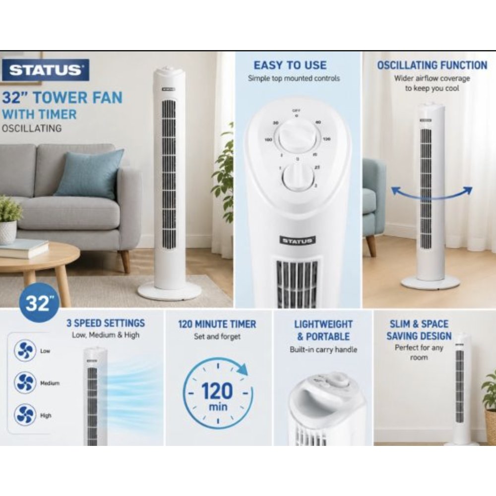Status White Oscillating Tower Fan With Timer 32"