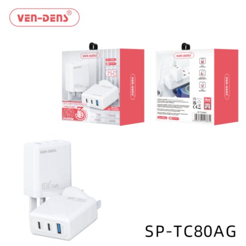 Ven-Dens 65W GaN Charger 2x USB-C & 1x USB-A 3 in 1 Multi Port Charger Plug